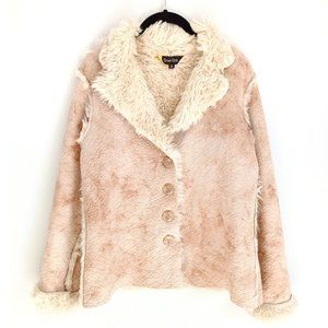 Vintage True Grit Faux Fur Suede Button Front Boho Blazer Jacket Beige Cream S